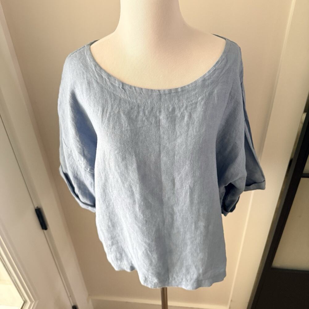 Made in Italy Linen Boxy Crop Top OS S M L Blue Boat Neck Short Sleeve NWOT - Picture 6 of 10